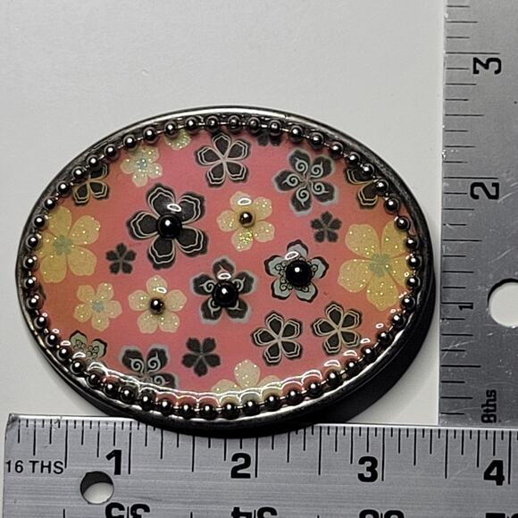 Pink Floral Enamel Belt Buckle 3.5" Oval • Beaded Edge • Silver-Tone - Picture 4 of 9